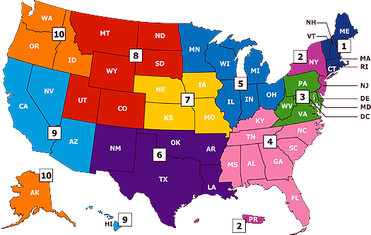 Map of the United States, divided into regional groups.